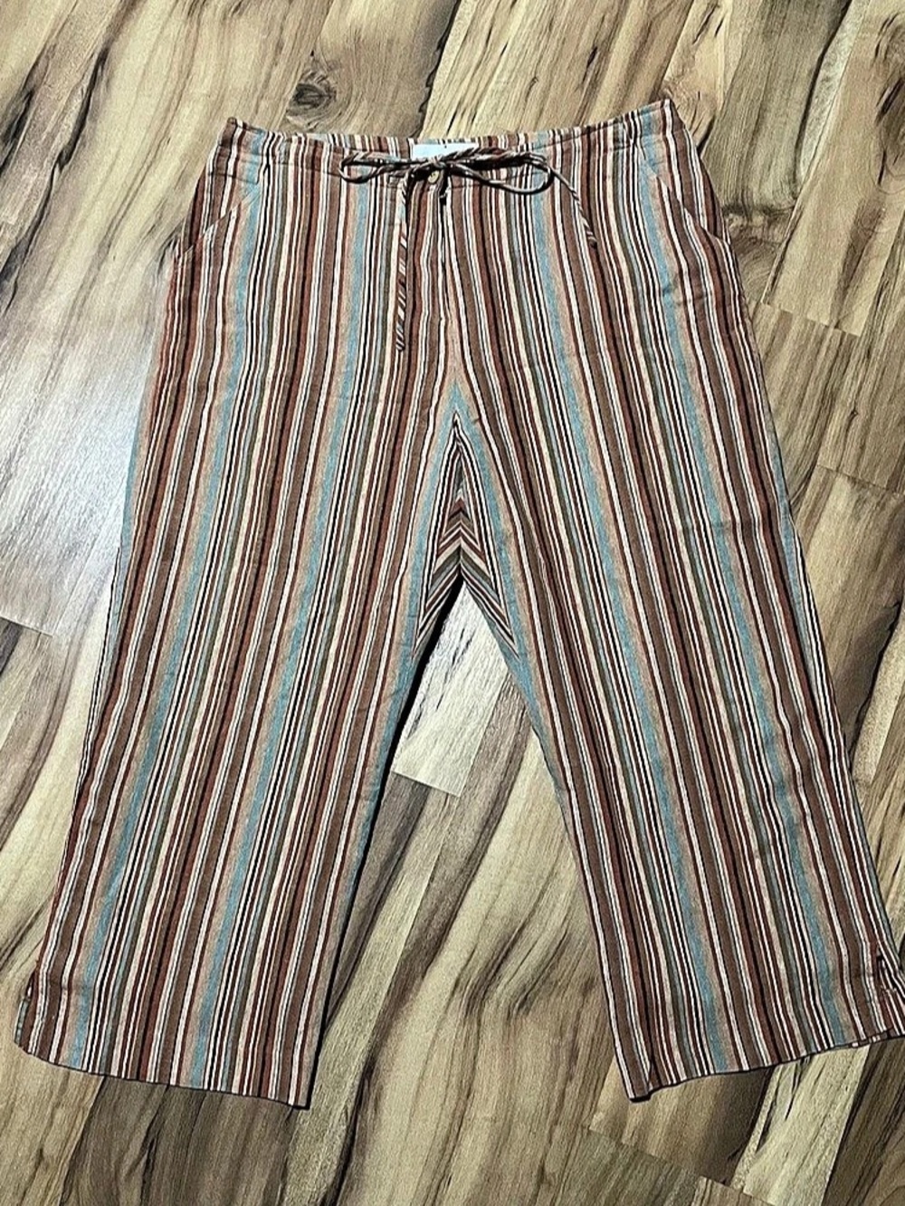 Sharon Young Lined Linen Blend Vertical Stripe Crop Boho Wide Leg Pants 12